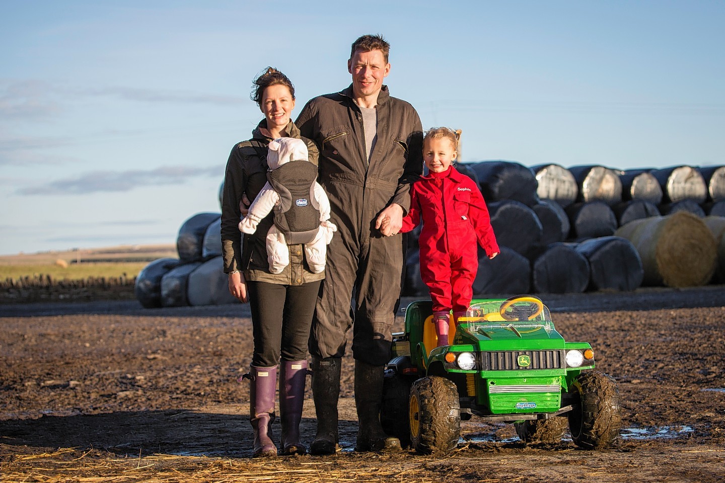 Shona Mackay with husband Mark and daughters (baby) Katie and Sophie who farm 368 hectares at Greenvale, near Thurso in Caithness.