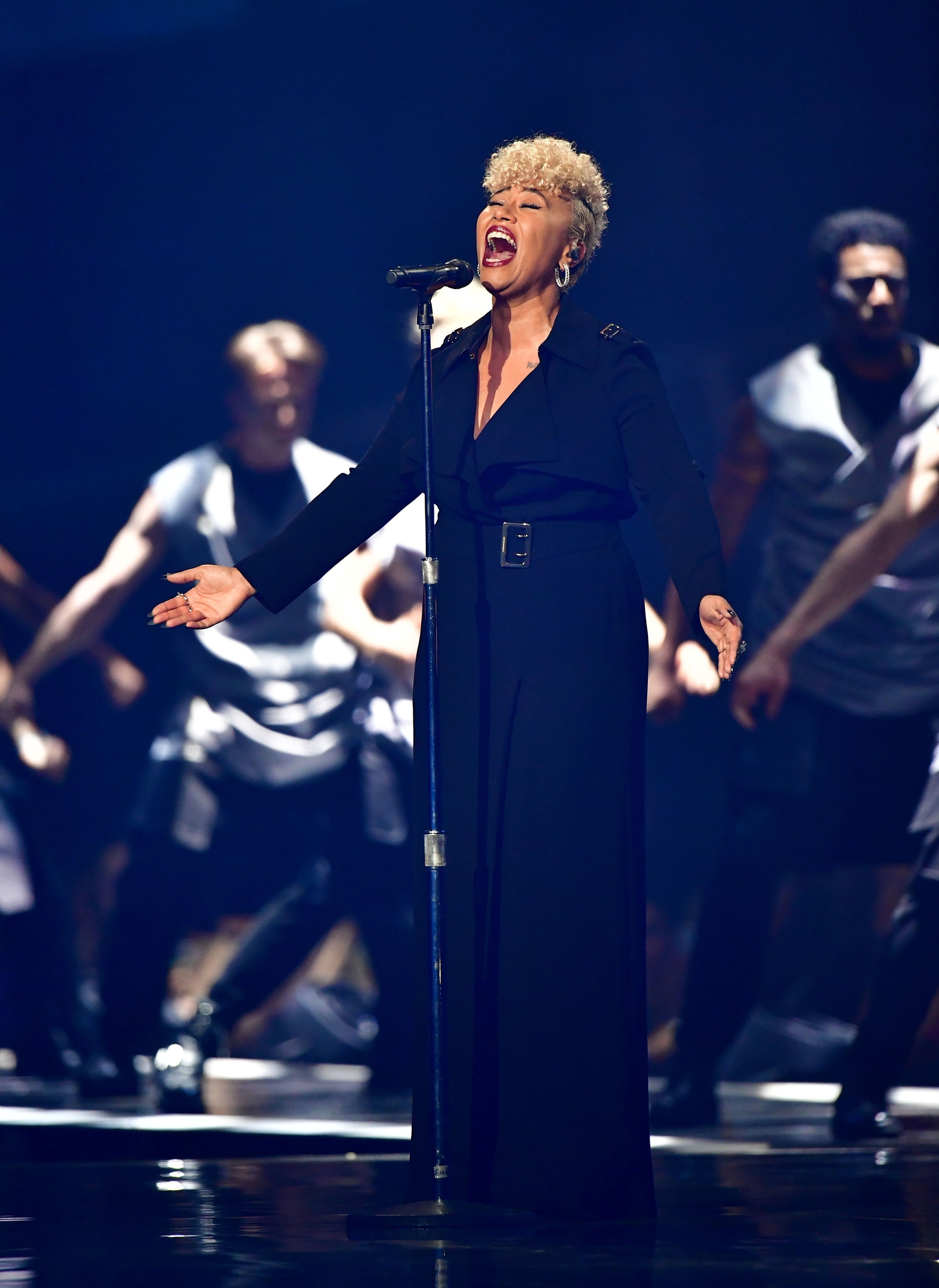 Emeli Sande performing on stage at the Brit Awards at the O2 Arena
