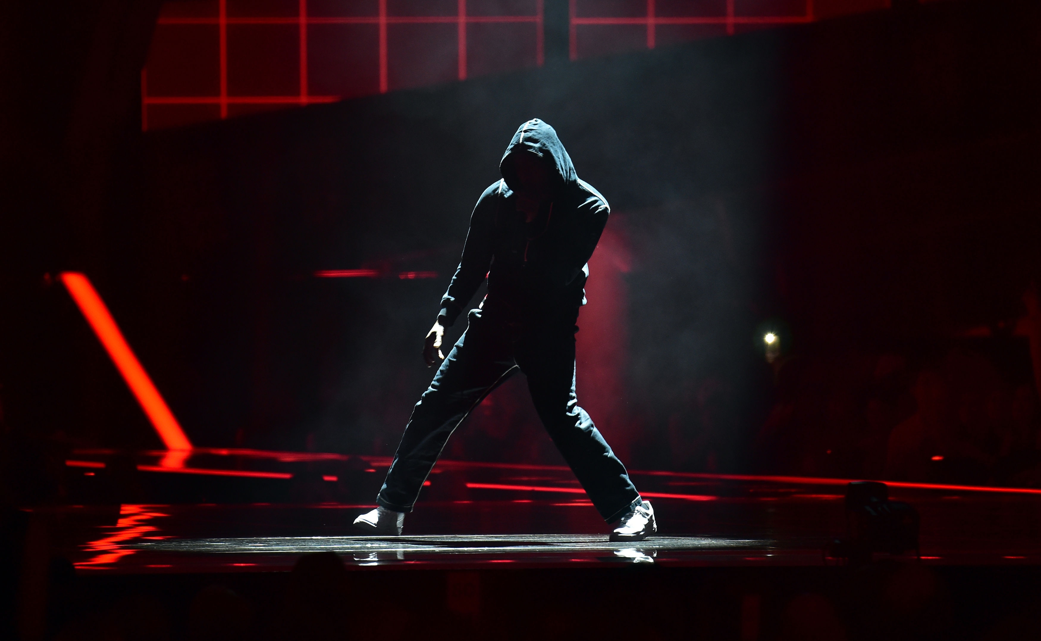 Skepta performing on stage at the Brit Awards at the O2 Arena