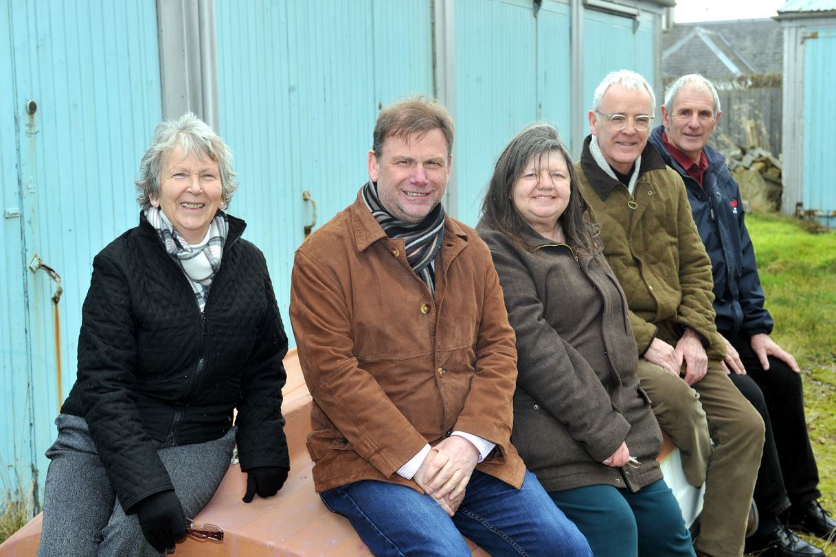 The Findhorn Village Conservation Company has received Lottery funding allowing them to buy unused garages in the village. Pictured: Marjory Barber, Peter Hall, Mo Hyde, Sam Russell, and Donald Watson.