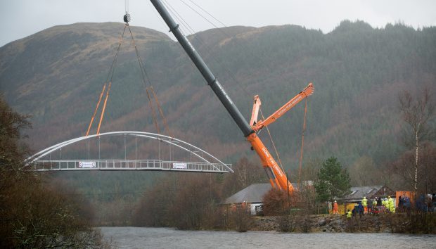 The new footbridge is lowered into place in Glen Nevis