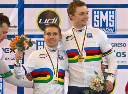 Great Britain's Peter Mitchell (right)and Neil Fachie celebrate after wining gold medal in the Sprint during day four of the UCI Para-cycling Track World Championships at the Aguascalientes Bicentenary Velodrome, Aguascalientes, Mexico.