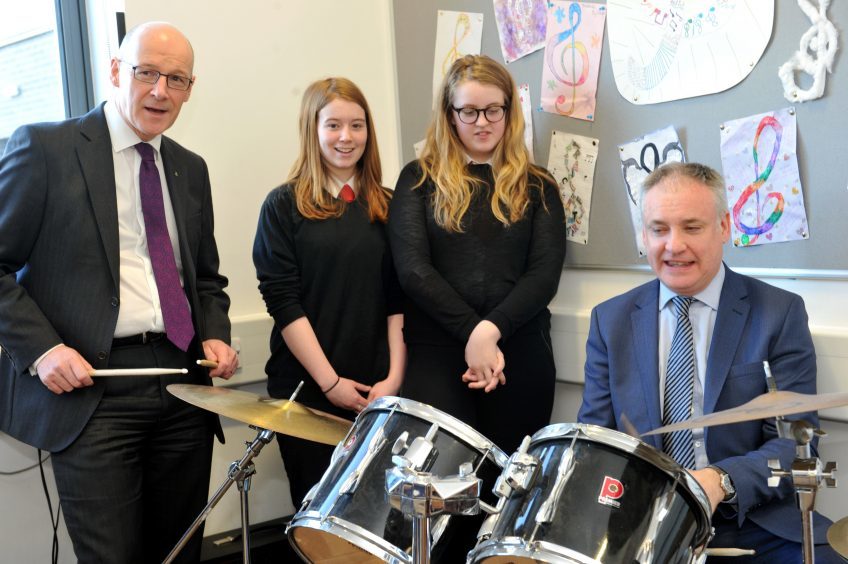 L-R: John Swinney, drums, Emma Tait, Libby Hunt, supervising, and Richard Lochhead, drums.