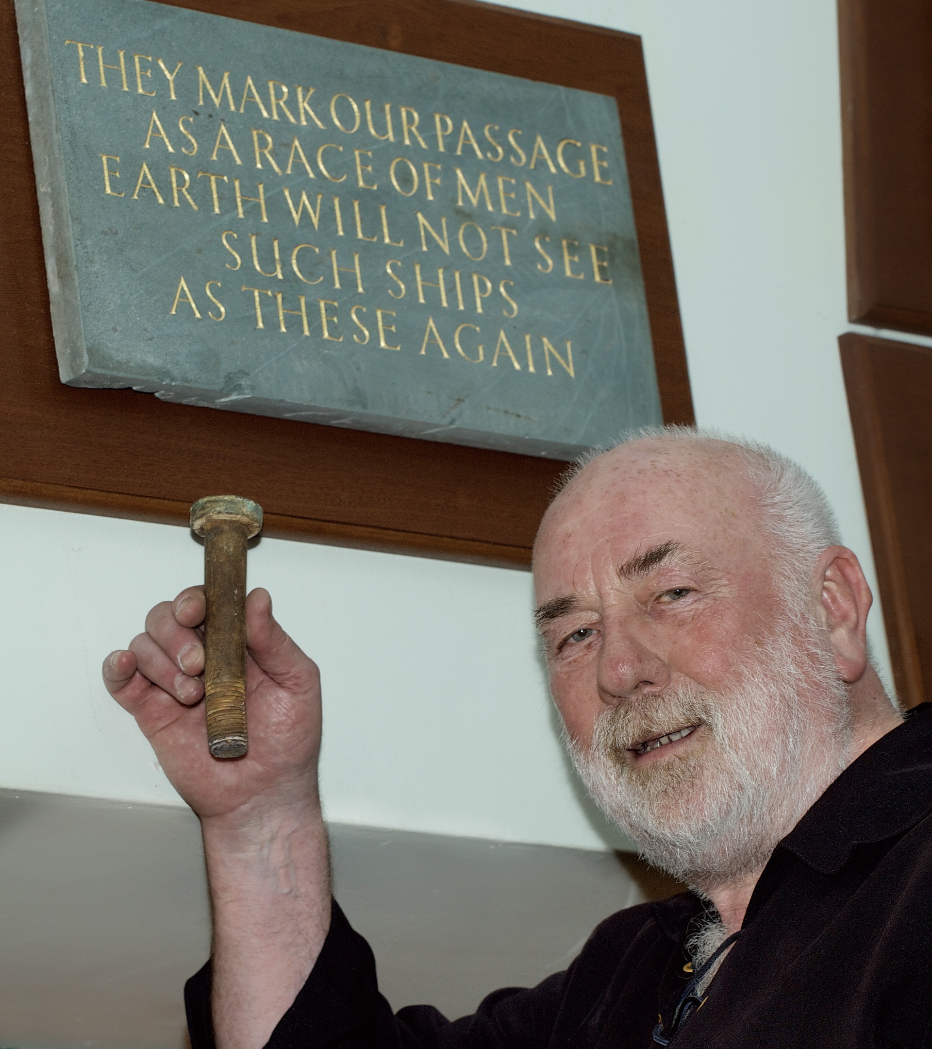 First piece of the tea clipper "Cutty Sark" to come back home to Inverbervie and Scotland, an original bolt from the hull is proudly held by Dave Ramsay in the Burgh  Hall Inverbervie beside the Hercules Linton Memorial.