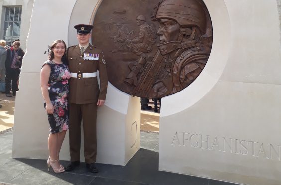 Staff Sergeant Donald Campbell with wife Amy, at the unveiling of a plaque to honour those who served in Afghanistan