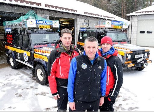 Braemar Mountain Rescue centre with volunteers L-R Julian Fennema, Bill Dalls and Derek Edge.    
Picture by Kami Thomson