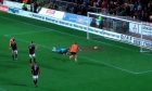 Videograb of Shea Dillon scoring a goal for Dundee United against Hearts in his dad Sean Dillon's testimonial match