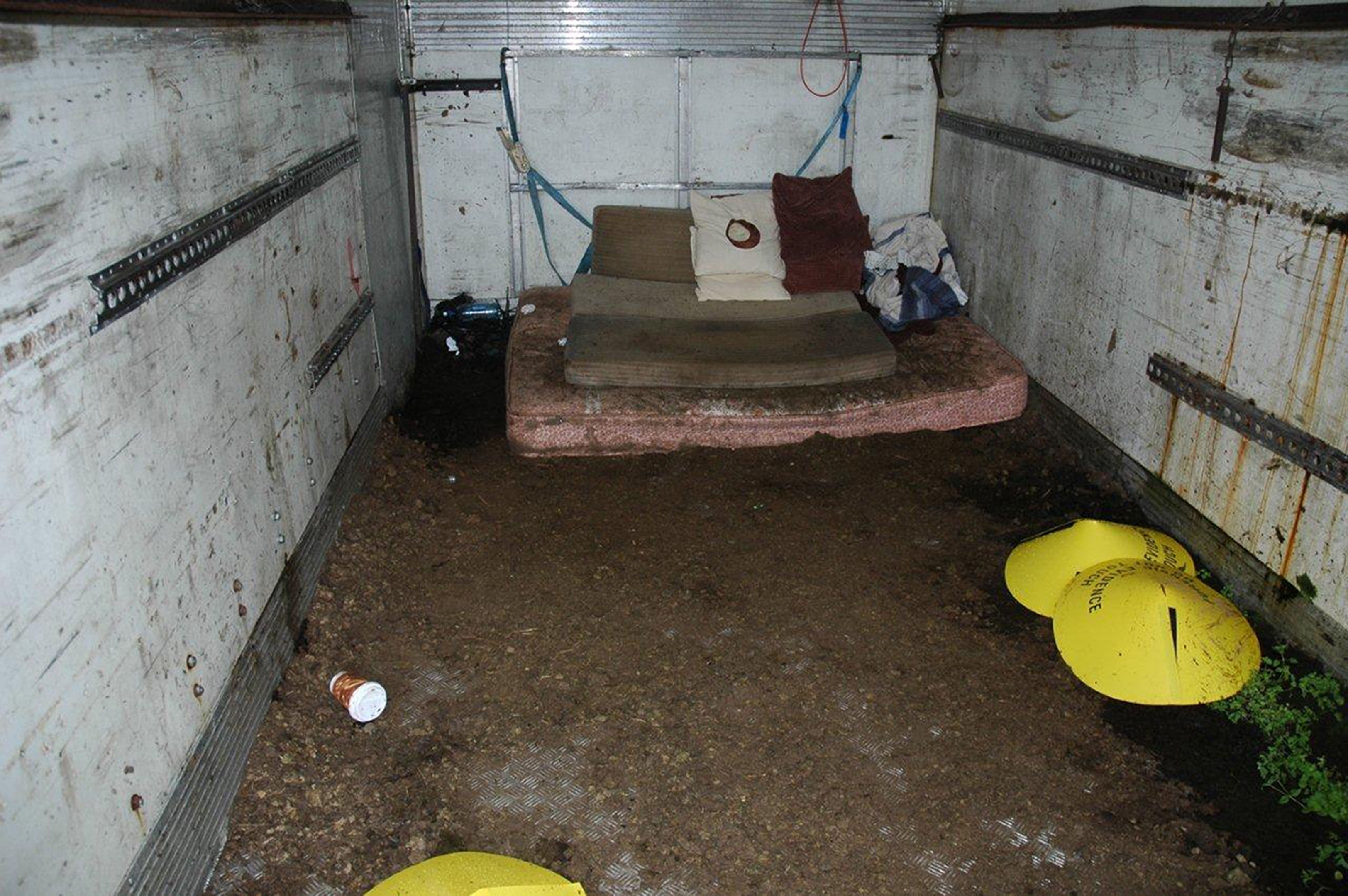 The interior of a squalid shipping container where kidnapped cattle dealer Paul Gogan was held hostage as a criminal gang demanded a 400,000 euro ransom. 