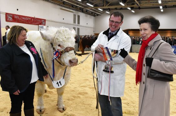 Princess Anne presents Kevin Mallarkey with his champion rosettes, flanked by judge Tracey Nicol on the left