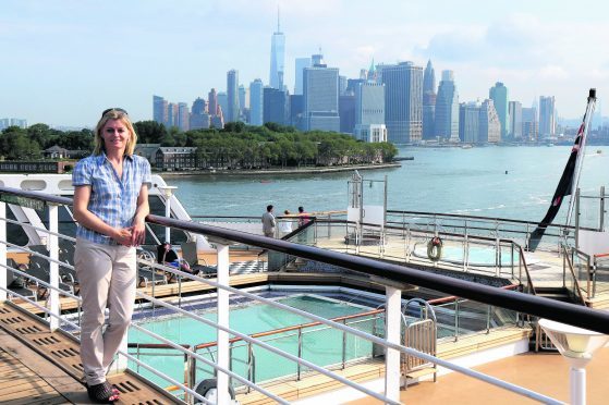 Karen Bowerman on the Queen Mary 2 as she arrives in New York City