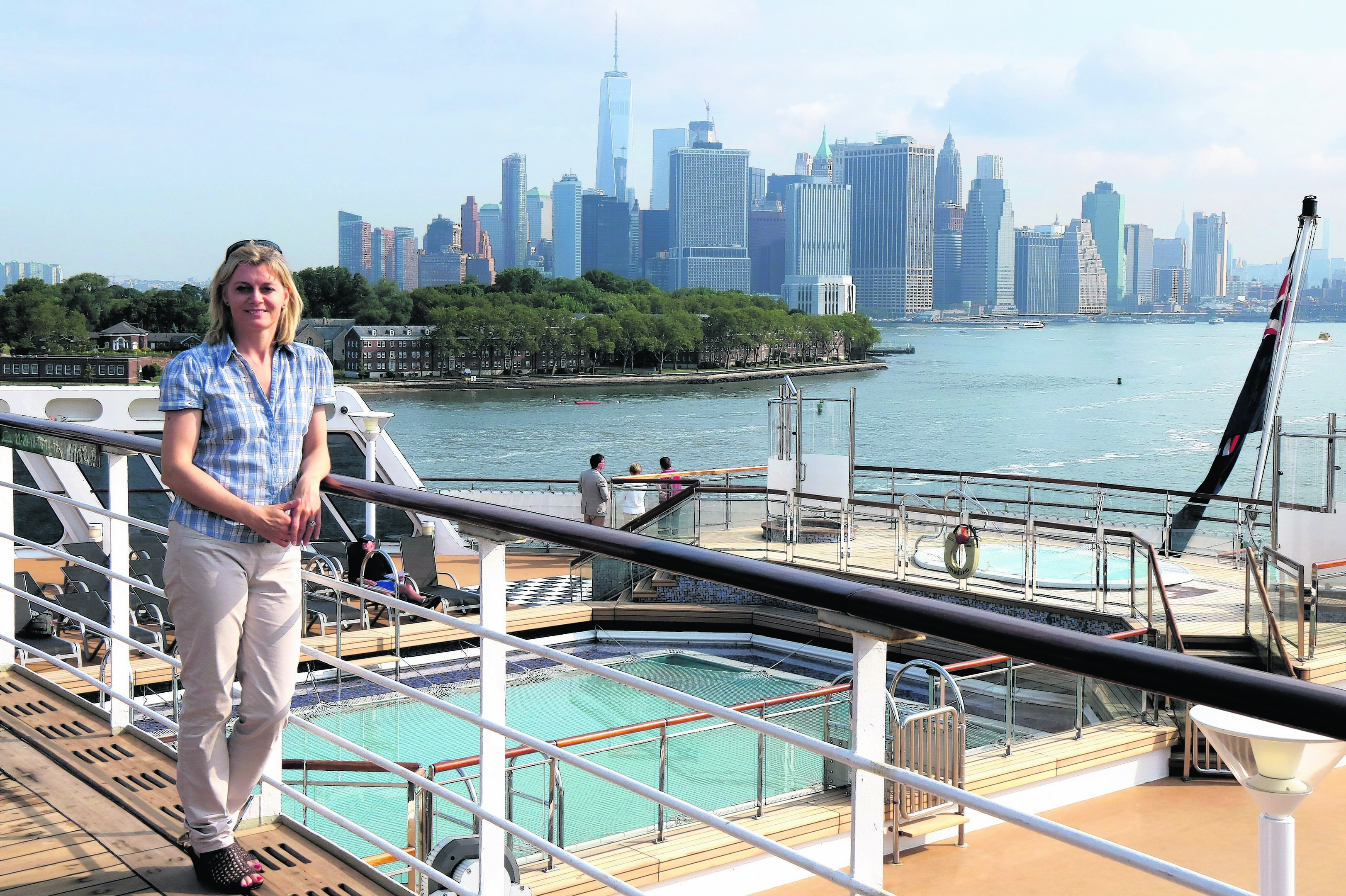 Karen Bowerman on the Queen Mary 2 as she arrives in New York City