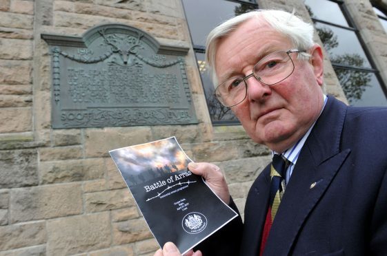 Moray Lord Lieutenant, Lt Col Grenville Johnston, outside the old Drill Hall in Elgin's Cooper Park where soldiers gathered before marching to trains to join the battle in World War I.