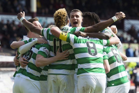 Celtic's players celebrate Scott Sinclair's goal