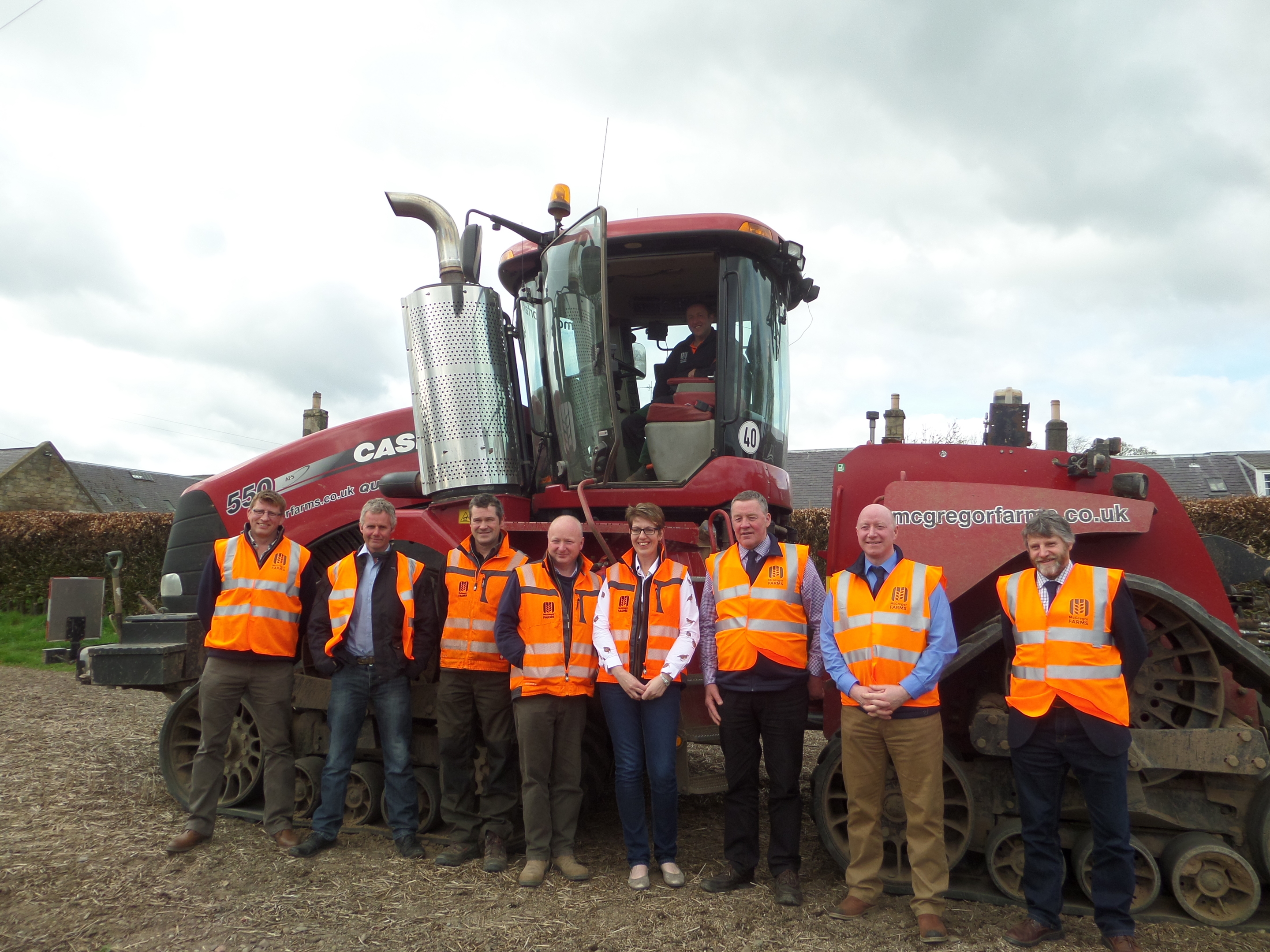 L-R: Willie Thomson (Combinable Crops Committee Vice Chairman), Kelvin Pate (Lothians and Borders Regional Chairman), David Fuller, Colin McGregor, Jill McGregor (all McGregor Farms), President Andrew McCornick and Vice Presidents Gary Mitchell and Martin Kennedy.