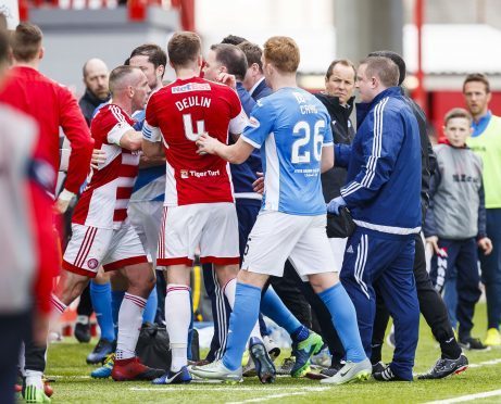Tempers flare as the teams go into the dressing room at half time