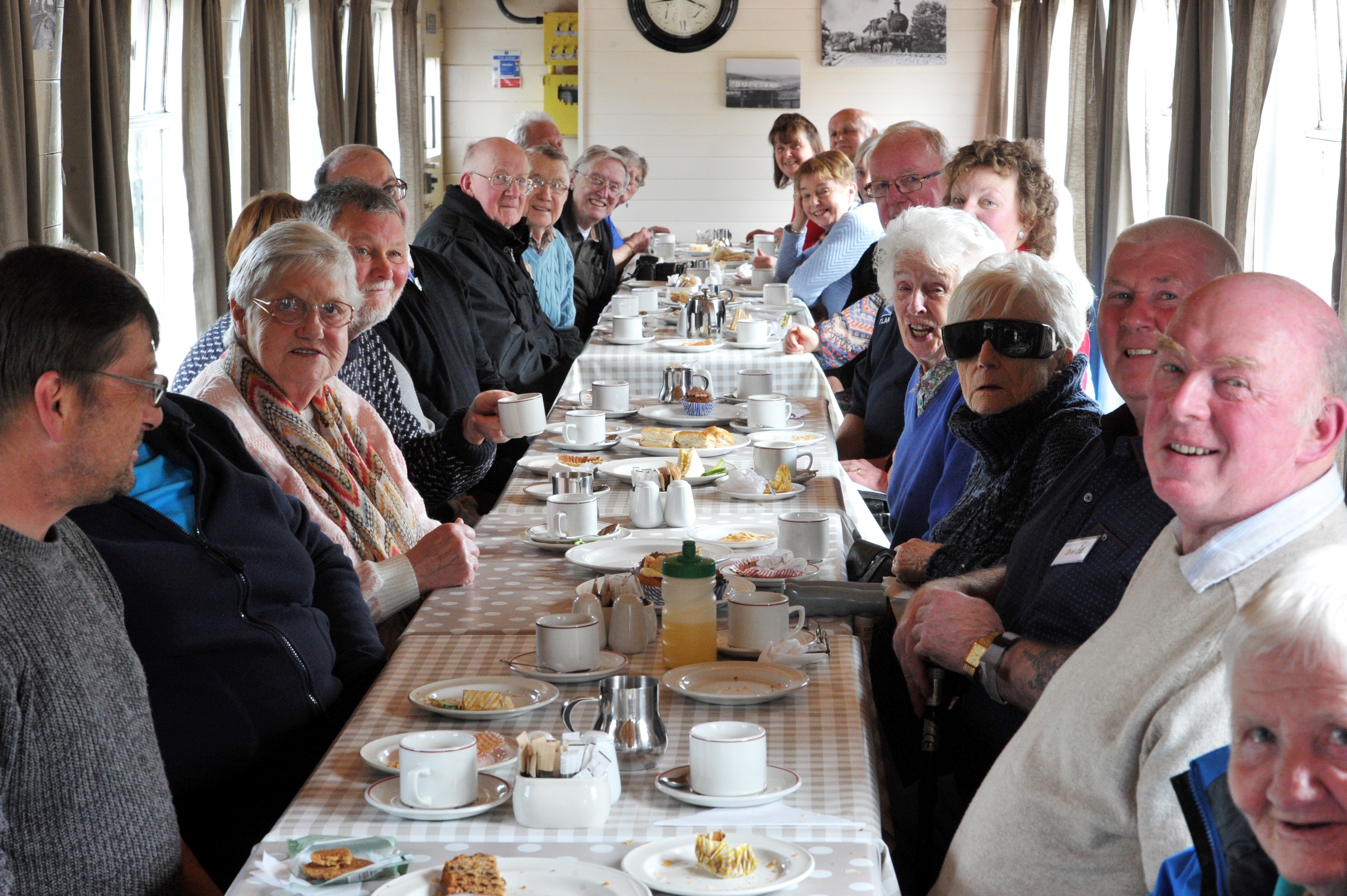 Members of Elgin Stroke Club enjoy their lunch inThe Sidings at Dufftown Station during their visit to Keith and Dufftown Railway. 