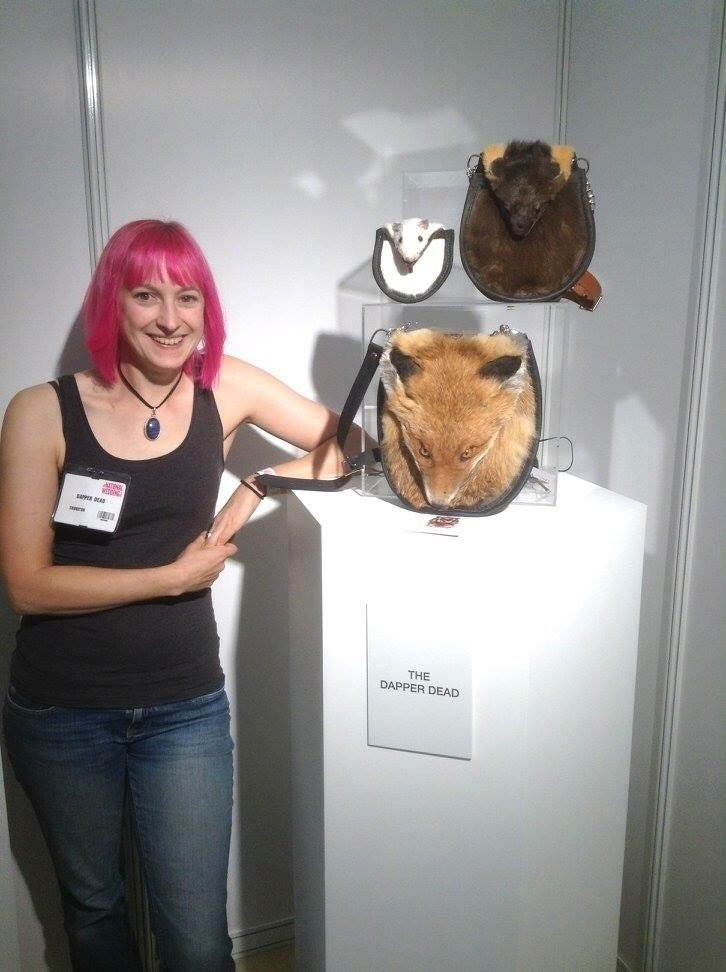 Examples of Emma Willats taxidermy sporrans made from roadkill.