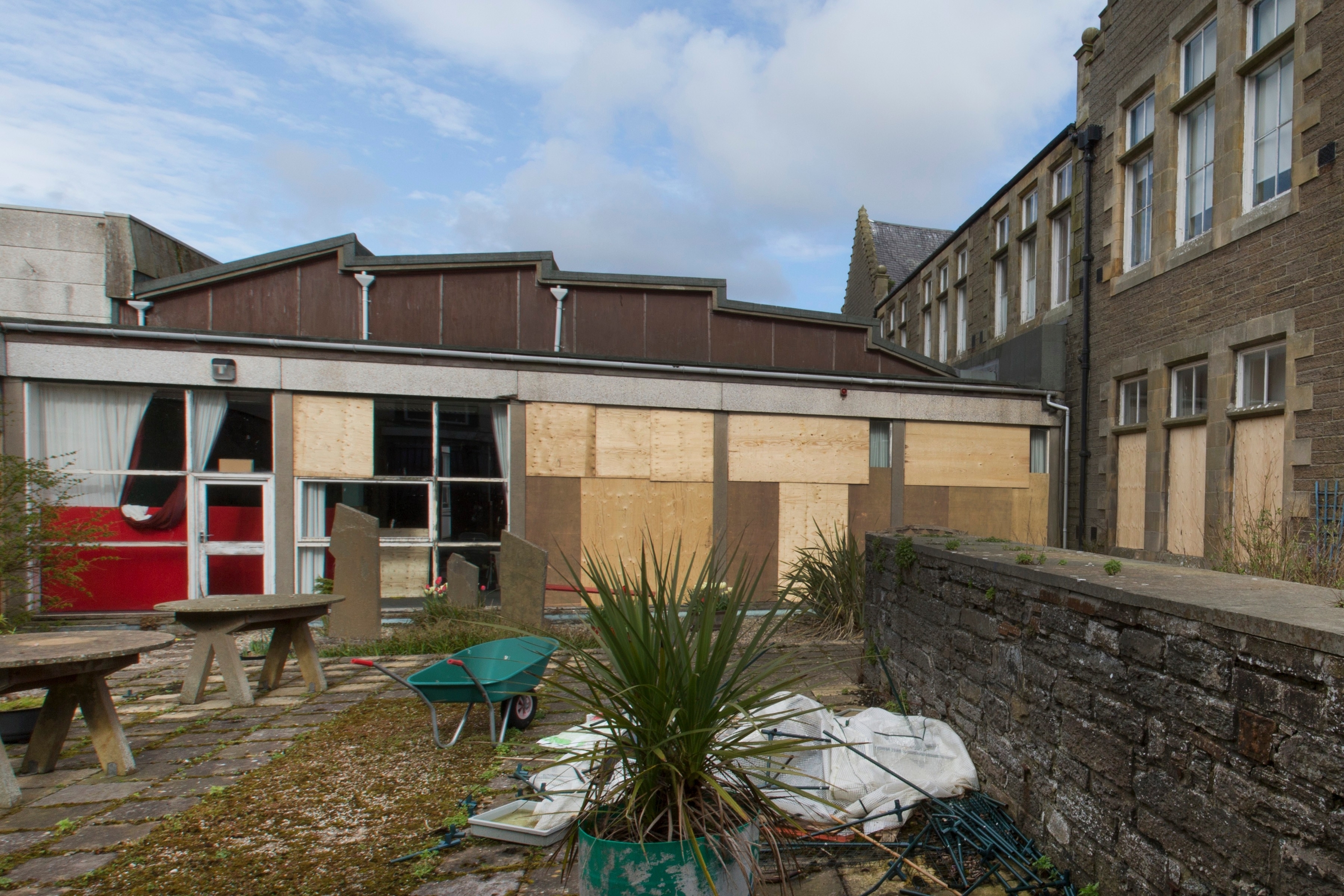 Some of the large windows at the side of the school hall were among the 30 broken at Wick High School.
