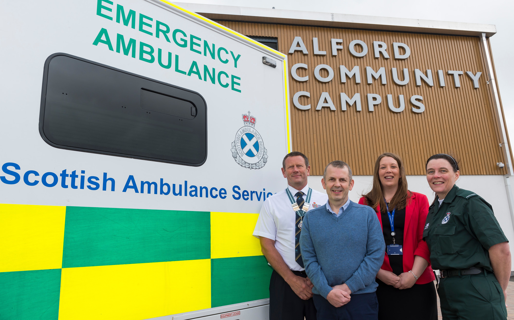(L-R): President of the Royal Life Saving Society UK (RLSS UK) Ian Hutchings, Bruce Harper, Community Leisure Officer for Alford Gillian Wood, paramedic Katy McMillan
