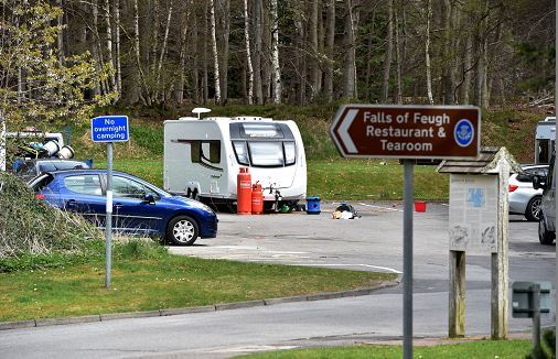 Travellers  at the Falls of Feugh car park, Banchory