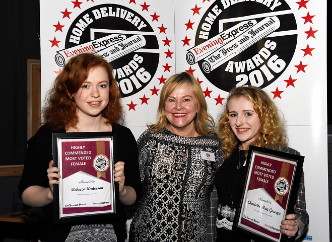 Press and Journal Most Voted Girl Highlands and Moray commended Rebecca Anderson of Keith and Charlotte May Gourdie of Inverness with Head of Commercial Denise West.