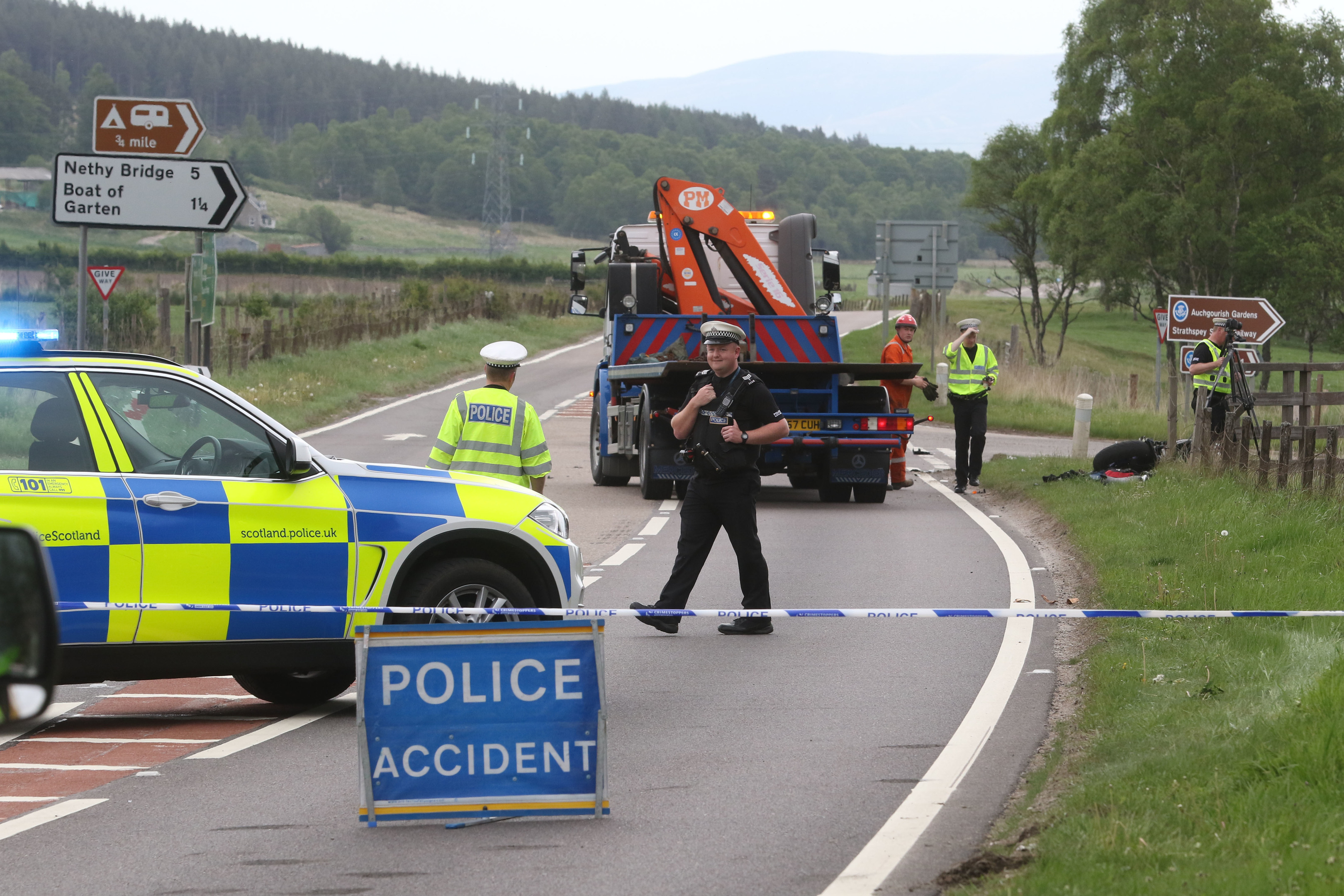 Scene of an RTC involving a motorbike and a car on the A95 at the Boat of Garten junction between Aviemore and Grantown. Picture: Andrew Smith