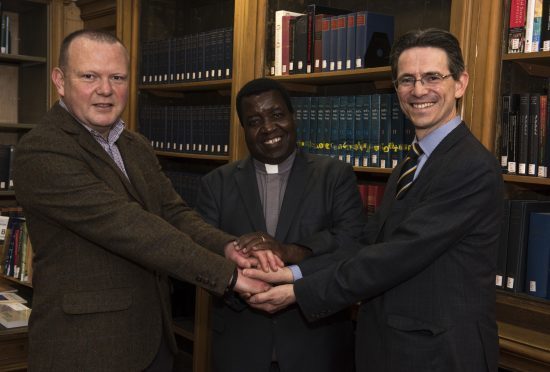 Monday 22nd of May 2017: General Assembly of the Church of Scotland. Day Three: Left to Right - Rev Dr Ken Jeffrey of Aberdeen University, Rev Alex Benson Maulana, Rev George Cowie of South Holburn Parish Church Aberdeen.