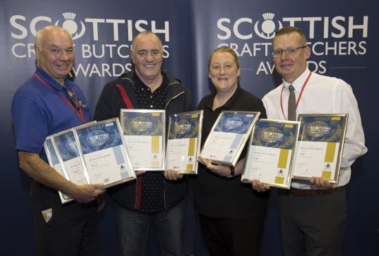 Scottish Craft Butchers Scottish Meat Trade Fair 2017....14.05.17
Craft Butcher Awards presentations, Alastair Bruce of Bruce of the Broch inm Fraserburgh receives his awards from Tom Lawn (left) of Scobies Direct, Judith Johnston of Lucas and Archie Hall from Dalziel
Picture by Graeme Hart.