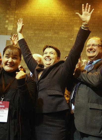 Scottish Conservative Leader, Ruth Davidson, celebrates at Meadowbank Stadium, Edinburgh.