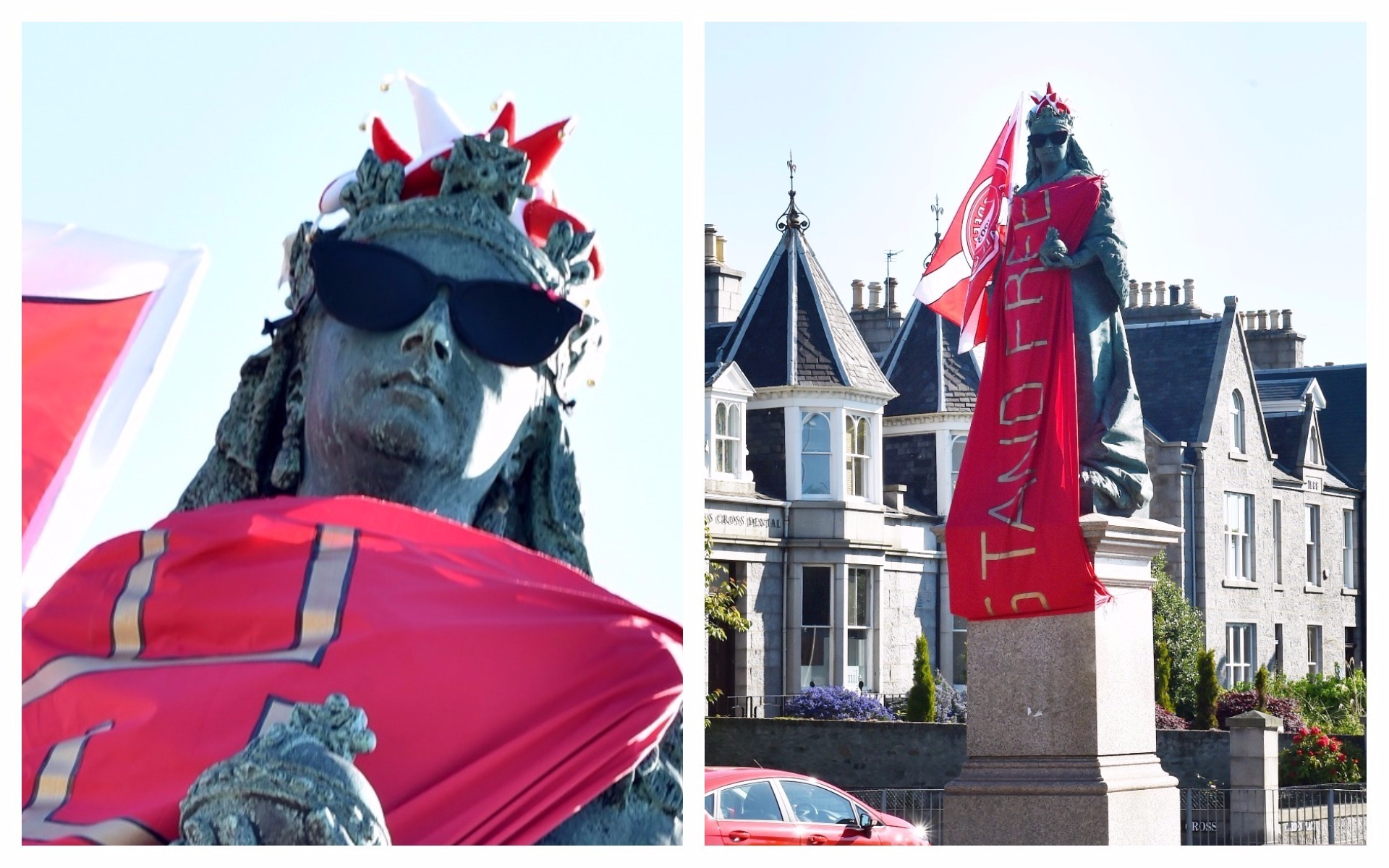 Queen Victoria adorned in Dons colours and shades on Queen's Cross, Aberdeen