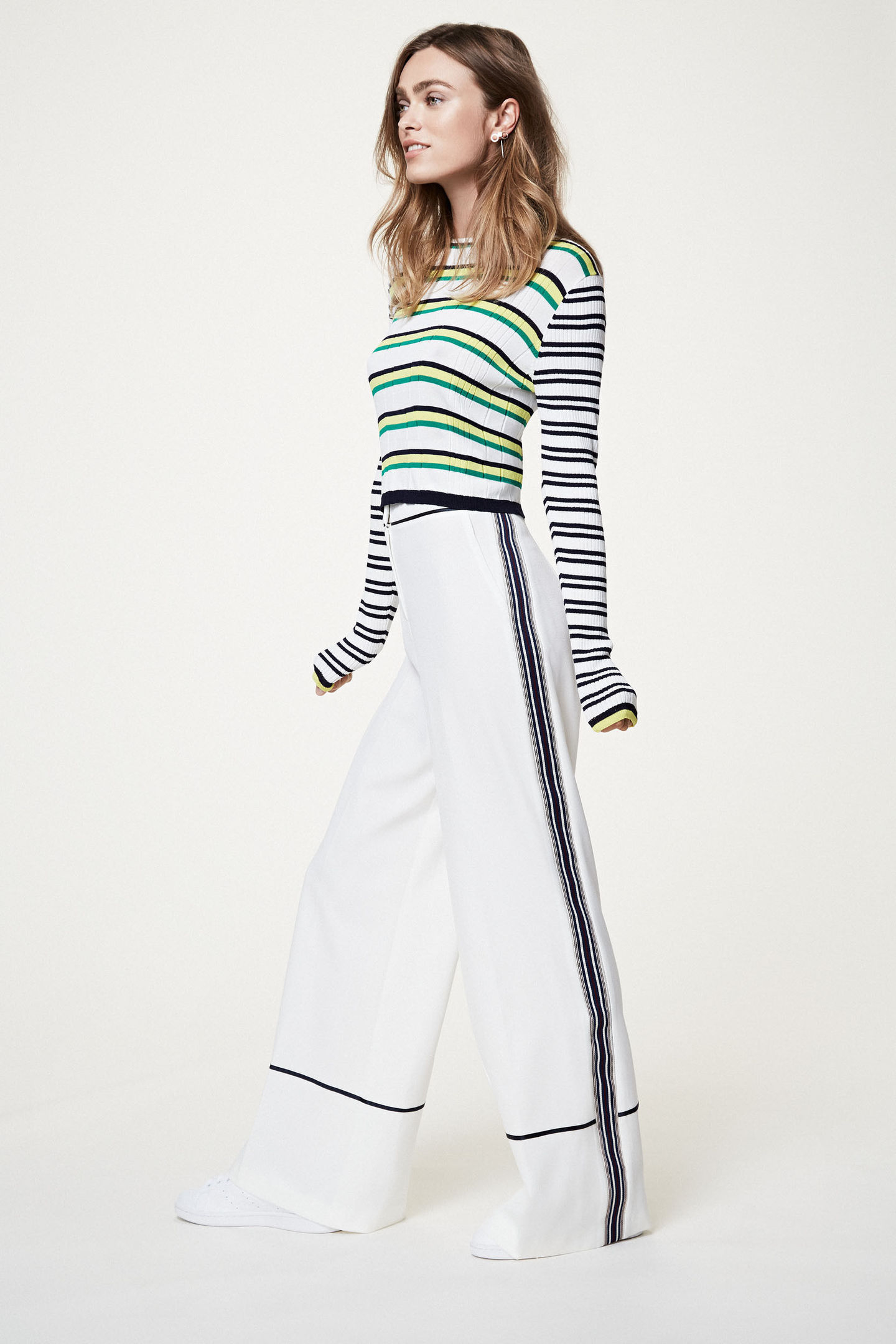 Undated Handout Photo of a model wearing the V by Very Crew Neck Contrast Stripe Jumper and stripe wide-leg trousers, available from very.co.uk. See PA Feature FASHION Stripes. Picture credit should read: PA Photo/Handout. WARNING: This picture must only be used to accompany PA Feature FASHION Stripes. WARNING: This picture must only be used with the full product information as stated above.