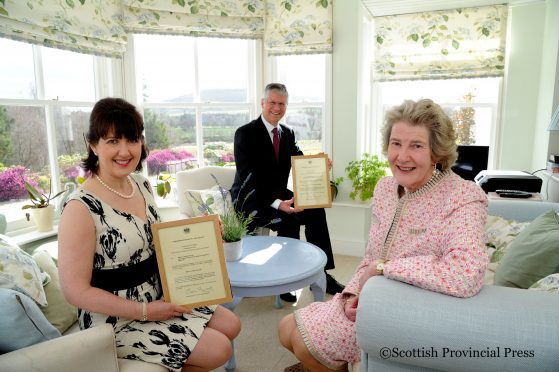 Picture: Eric Cormack. Image No. 037290
NEW DEPUTY LORD LIEUTENANTS VALERIE CHEYNE [LEFT] ANDY SIMPSON [CENTRE] RECEIVE THEIR APPOINTMENTS FROM LORD LIEUTENANT OF BANFFSHIRE CLARE RUSSELL.