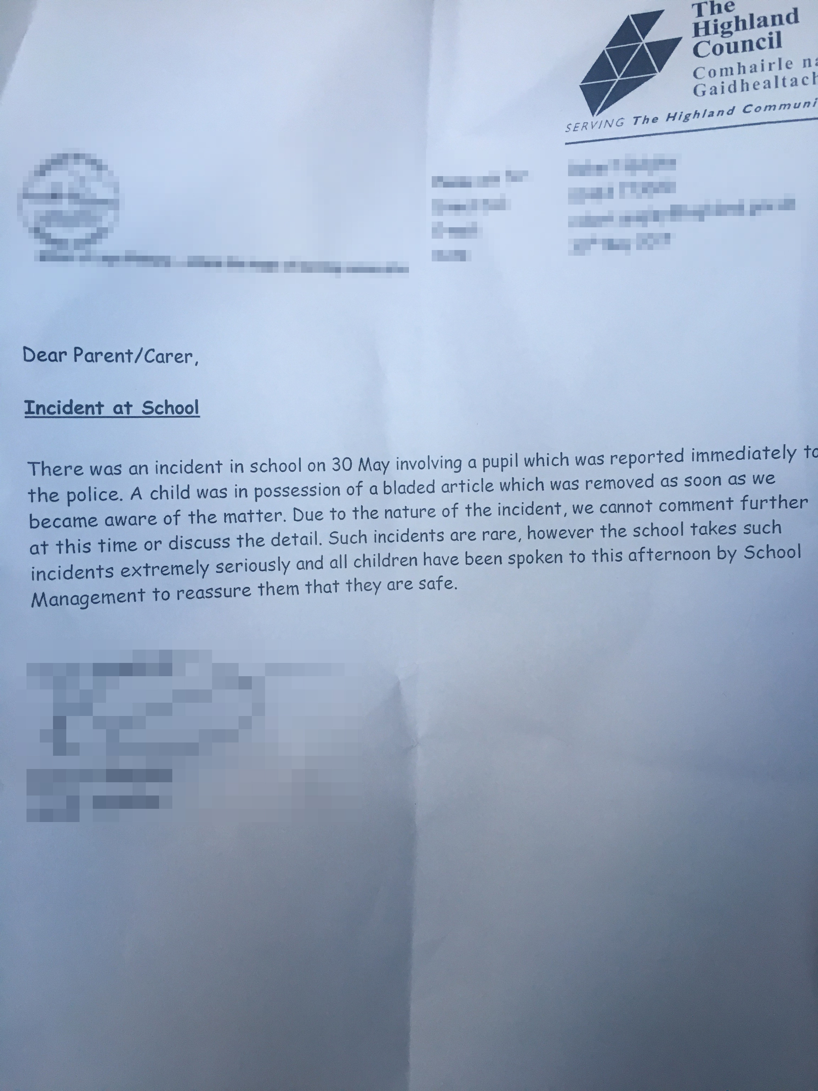 The letter sent home to parents