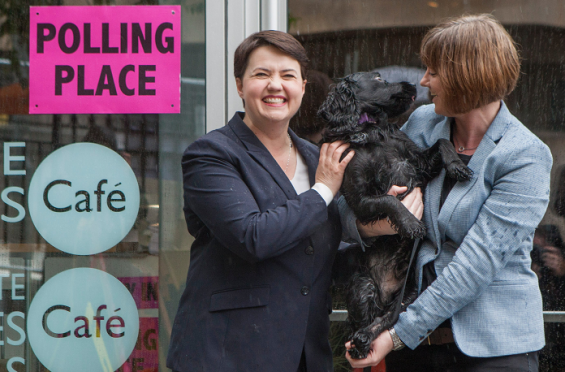 Scottish Conservative leader Ruth Davidson(L) and partner Jen Wilson alongside dog also called Wilson in Edinburgh