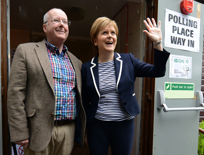 Scottish First Minister Nicola Sturgeon, with husband Peter Murrell cast their votes in the UK General Elections 2017 at Broomhouse Community Hall, Glasgow