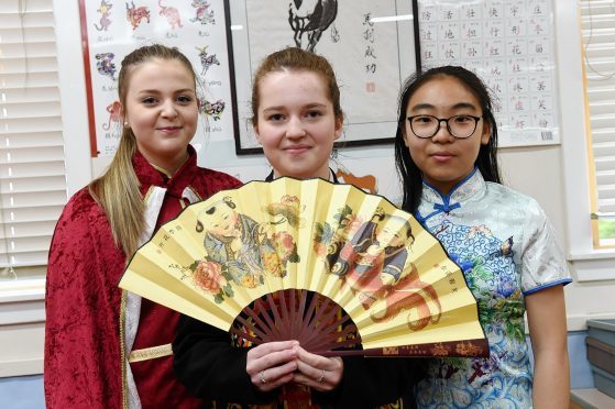 (L-R) Rachel Reid, 16, Chloe Meenan, 16, Bonny He, 14. Picture by Kenny Elrick.