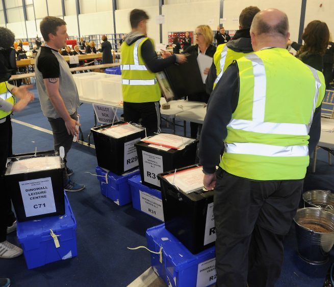 Ballot boxes arrive and the count begins for the Highland constituencies in Dingwall. Pic by Sandy McCook