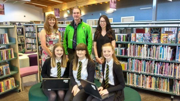 Back row: Jo Robinson, Visit Scotland, Jim Davis, Ace Adventure, Rachel Glennie, Moray Speyside Tourism. Front row: pupils Isla Matthews, Abby Watson, Abby Cant.