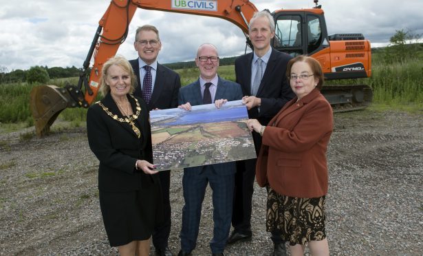 Helen Carmichael, Provost of Inverness ,
Brian Clarke , Hazledene Inverness
Housing Minister Kevin Stewart MSP Stuart Black Director of Development & infrastructure highland council and Trish Robertson, vice chair of places committee Highland council  at Stratton Site in Inverness

PIC   Trevor Martin