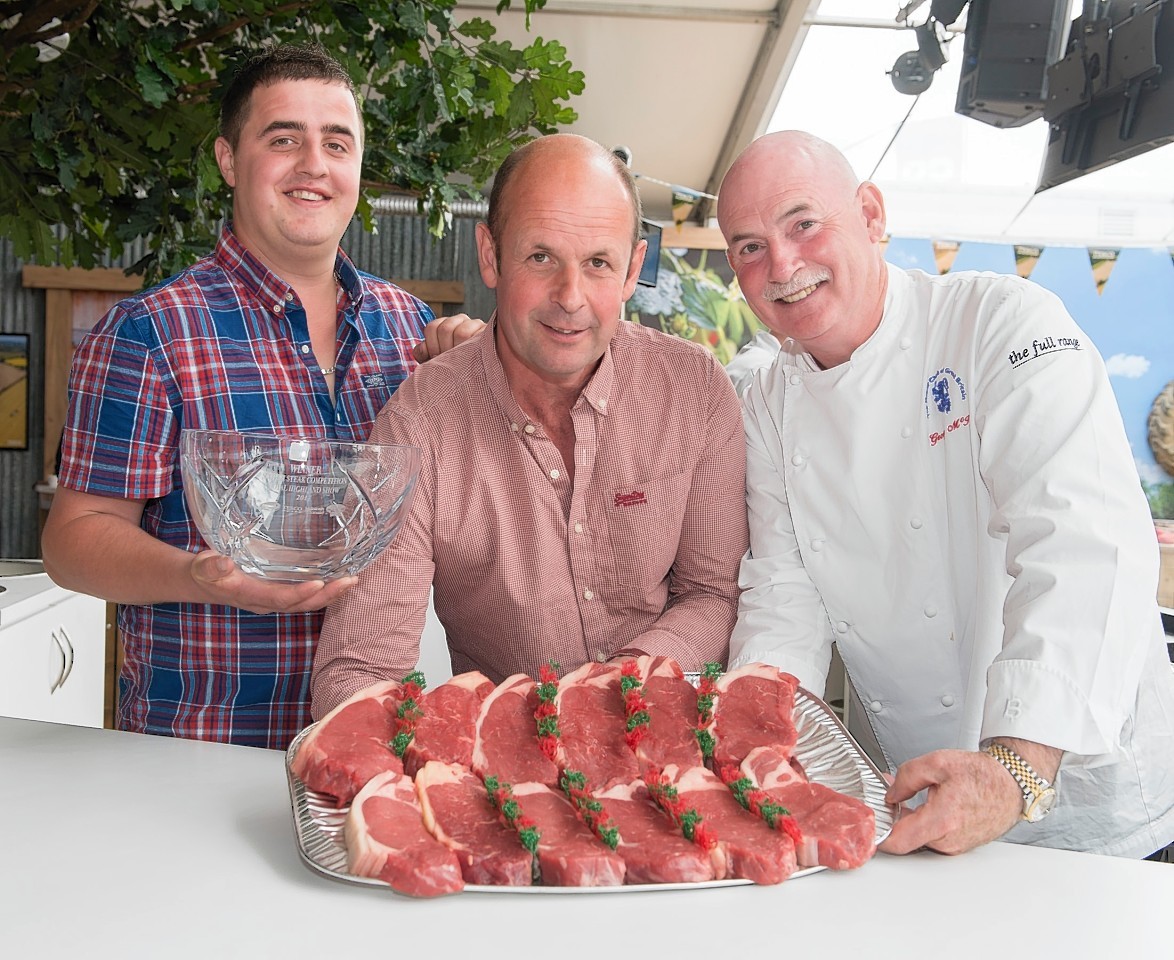 Centre Graham Roberston, and his son Gary with chairman of the Master chefs UK ,Geroge McIvor who cooked the steaks.