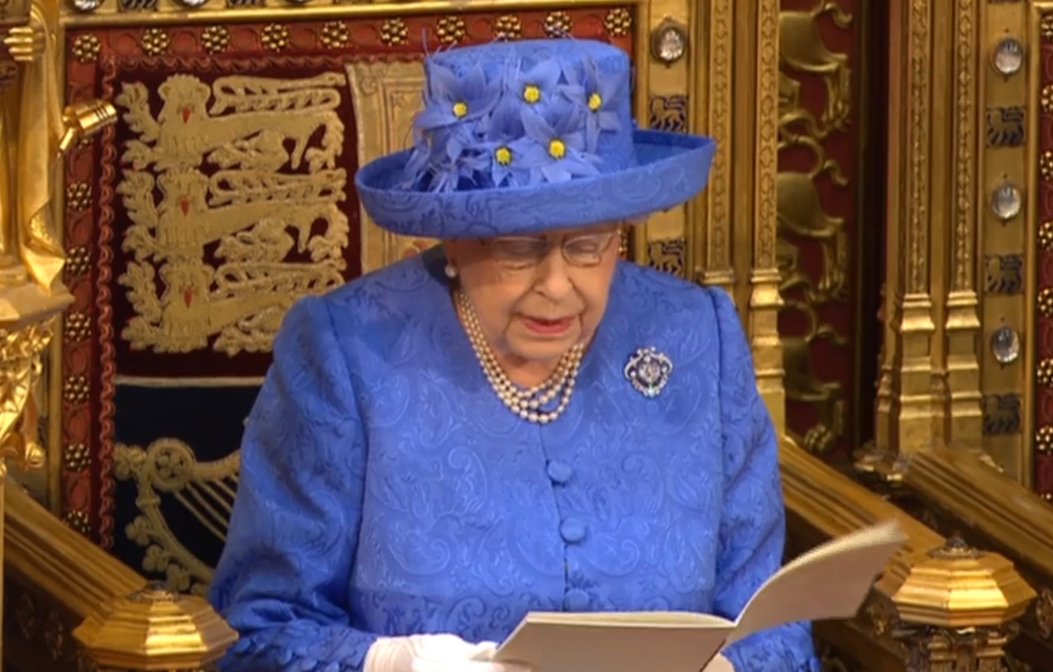 Queen Elizabeth II reading the Queen's Speech in the House of Lords at the Palace of Westminster in London.