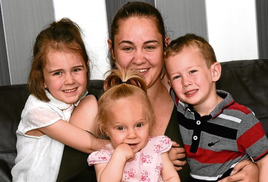Samantha Smithies for YL health 22/07/17
Health Spread: Samantha Smithies, Peterhead, with her children, Harmony, 6, Harrison, 3, and Ellie, 1. 
Picture by Jim Irvine  14-7-17