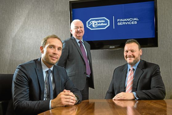 Aberdein Considine. Russell Anderson appointed new Independent Financial Advisor. Pictured from left is Russell Anderson Independent financial advisor, Allan Gardner, Financial Services Director and Peter Mutch Corporate Benefits Director.