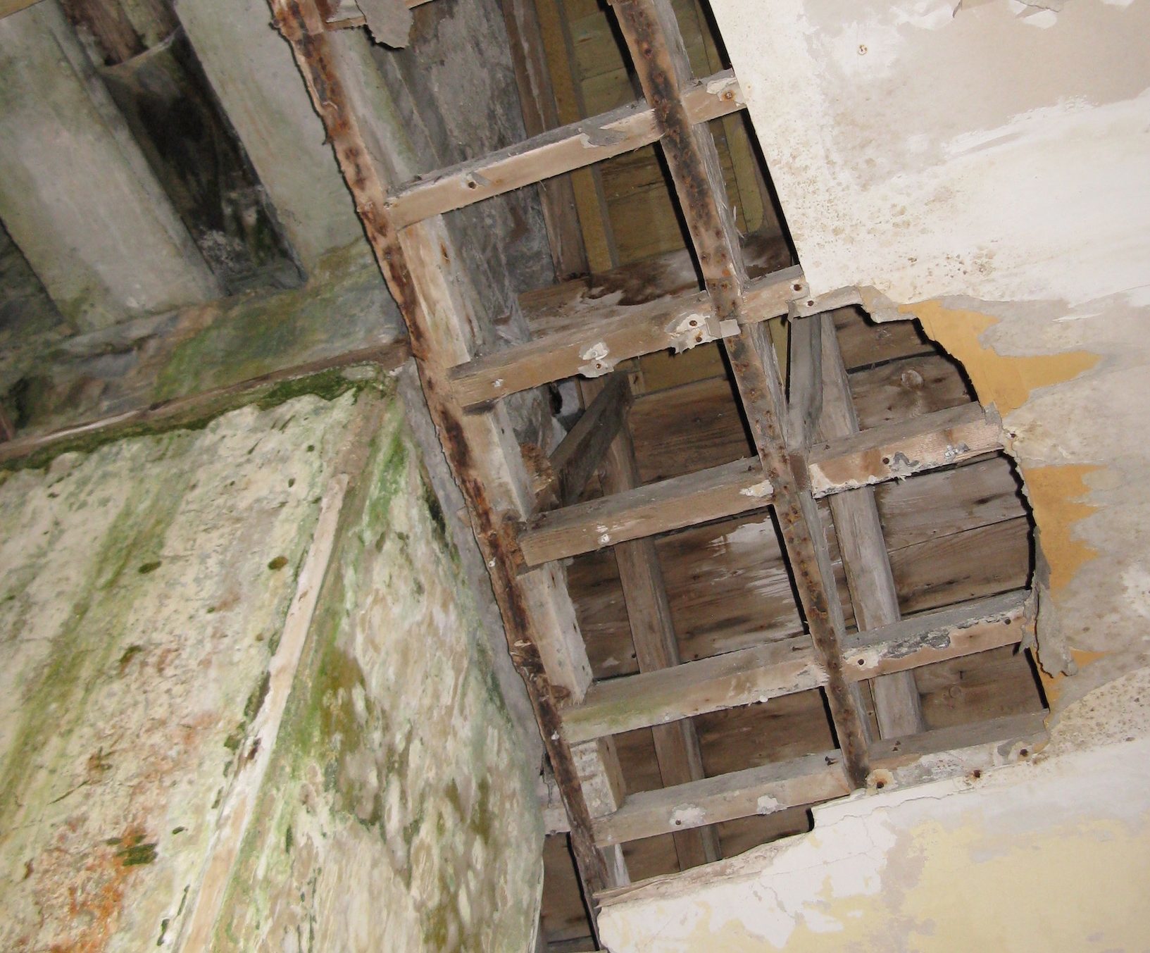Damage caused to the inside of the church tower by rainwater.