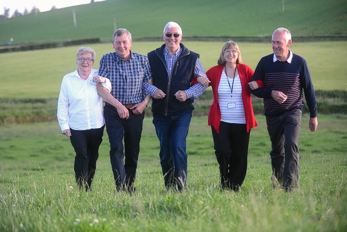 Heather Morrison, Forget Me Not Club operations director;  host farmer Bill Keir; Ian Wilson from NFU Scotland; Christine Roper from Clan; and Stan Middleton from NFU Scotland.