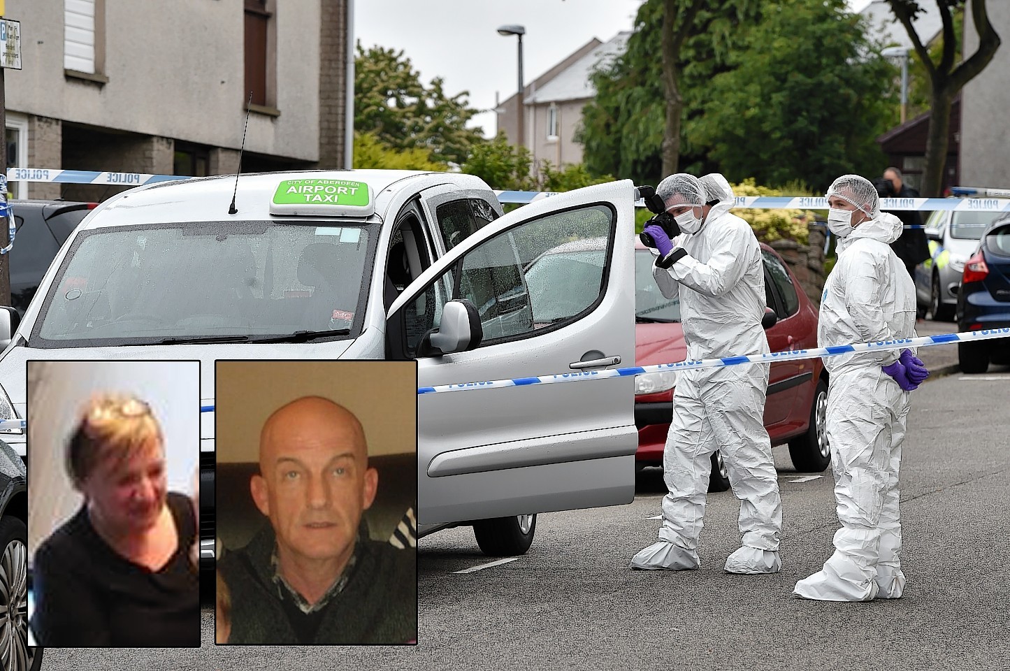 Forensic teams on the scene with inset of Karen and Willie Flett