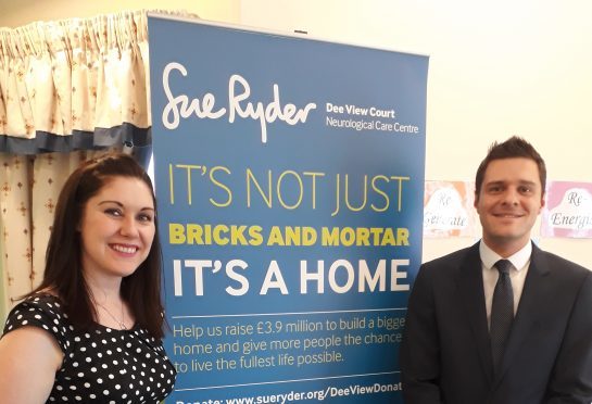 Emma Leiper Finlayson, Sue Ryder Capital Appeal Manager and Ross Thomson MP at Sue Ryder Dee View Court