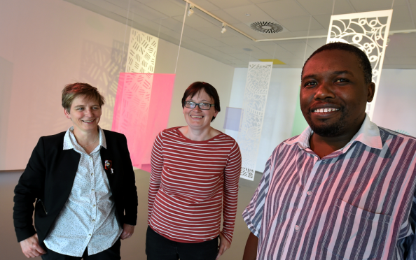 Grampian Hospitals Art Trust,GHAT, have a project with an Zimbabwe art gallery and hospital. In the picture at the Suttie Arts Trust at ARI,  Aberdeen are from left: Sally Thomson, Tamsin Greenlaw and Cliford Zulu.