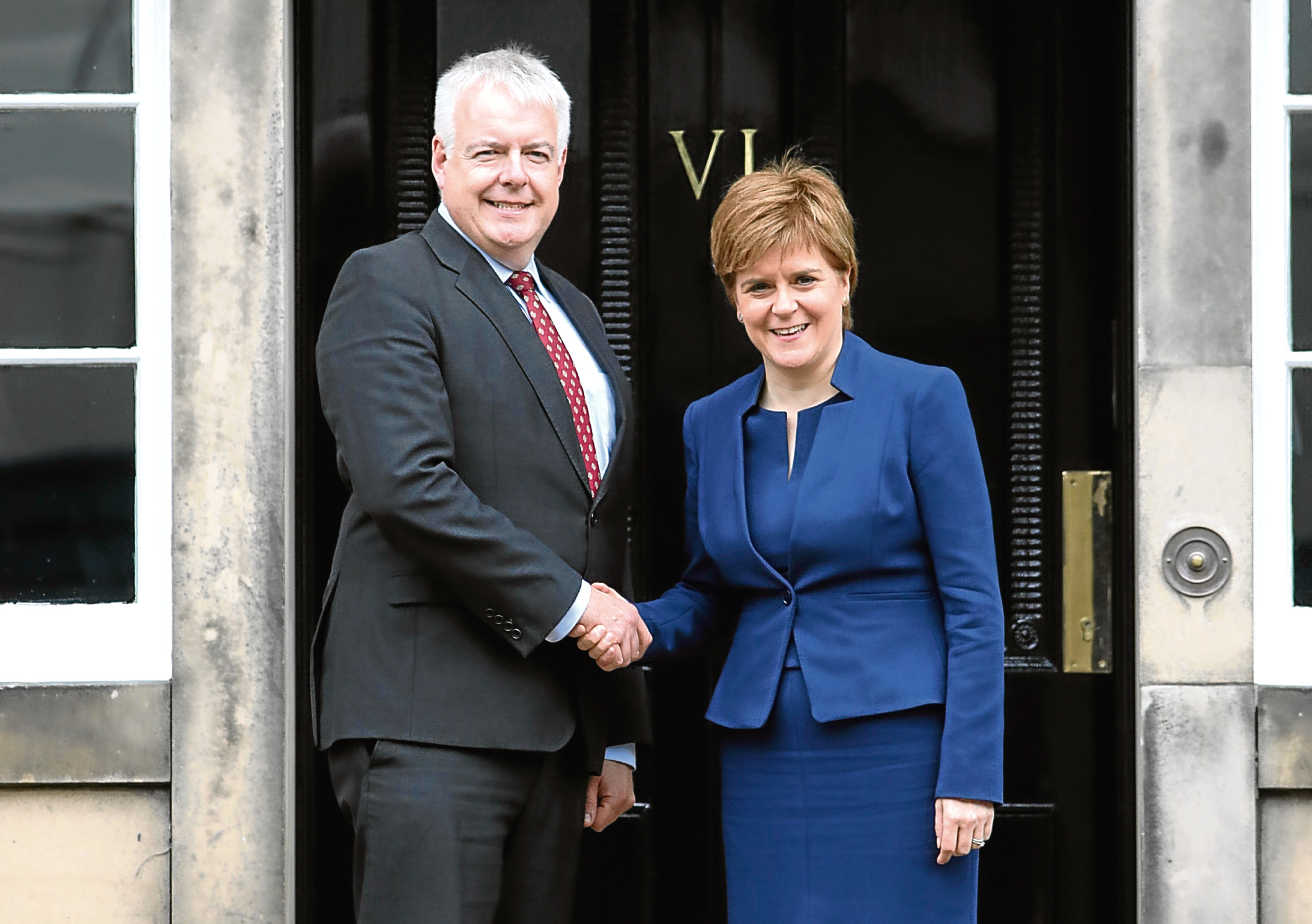 First Minister of Scotland Nicola Sturgeon and First Minister of Wales Carwyn Jones meet on the steps of Bute House in Edinburgh where they will discuss how the two Governments can work together to protect devolution. Aug 22 2017