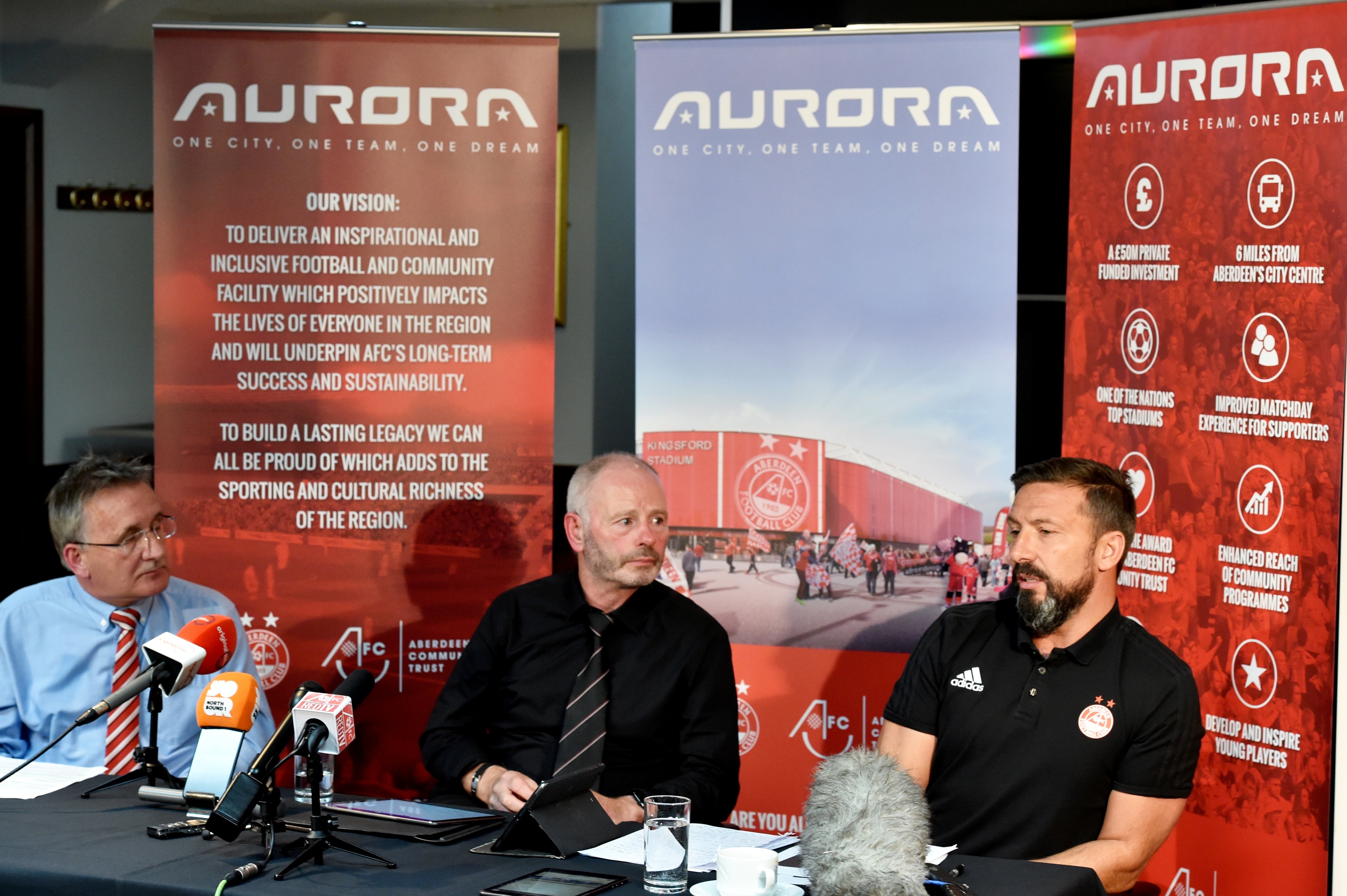 Vice-chairman George Yule, Chairman Stewart Milne and Dons manager Derek McInnes.  
Picture by Colin Rennie